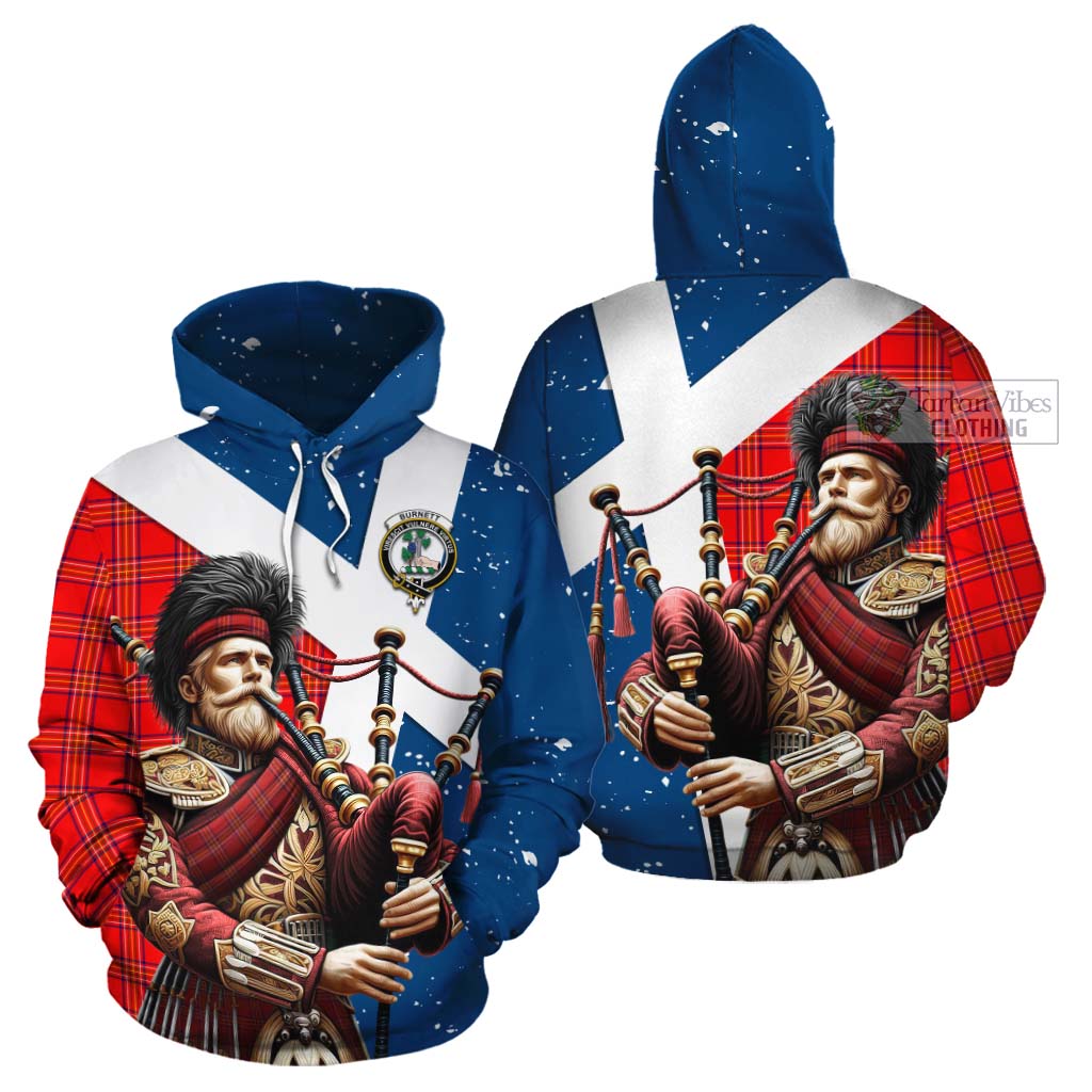 Tartan Vibes Clothing Burnett Tartan Cotton Hoodie with Family Crest Scottish Bagpiper Vibes