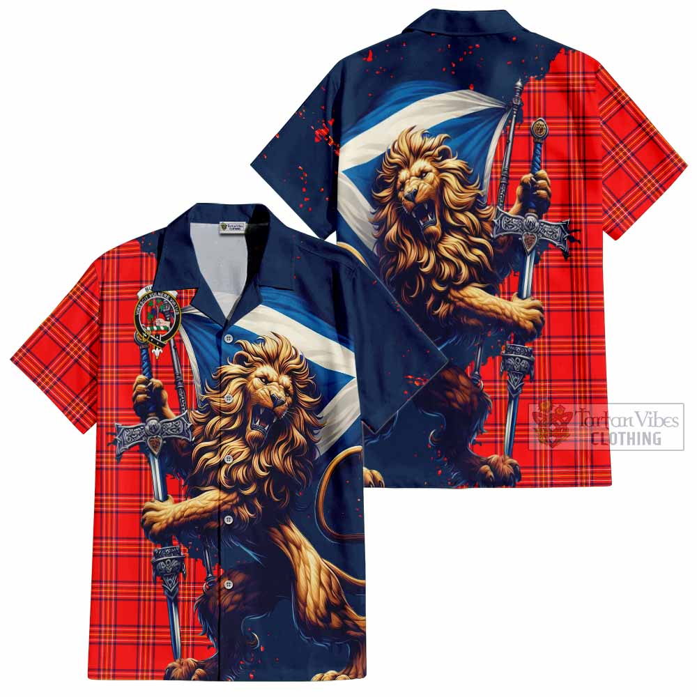 Tartan Vibes Clothing Burnett Tartan Family Crest Short Sleeve Button Shirt with Scottish Majestic Lion