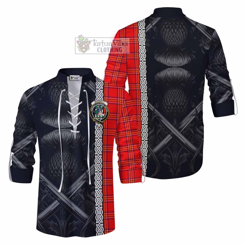 Tartan Vibes Clothing Burnett Tartan Ghillie Kilt Shirt with Family Crest Cross Sword Thistle Celtic Vibes