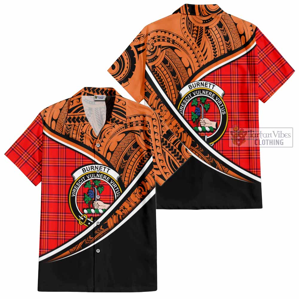 Tartan Vibes Clothing Burnett Crest Tartan Short Sleeve Button Shirt with Maori Tattoo Style - Orange Version