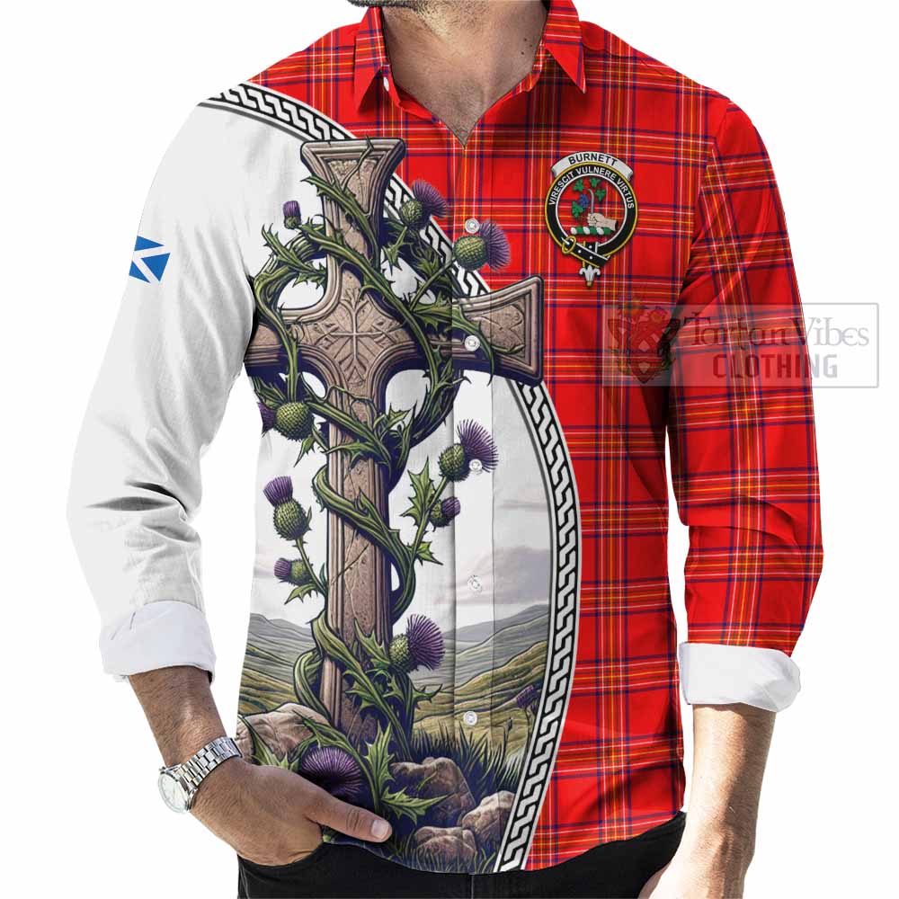 Tartan Vibes Clothing Burnett Tartan Long Sleeve Button Shirt with Family Crest and St. Andrew's Cross Accented by Thistle Vines