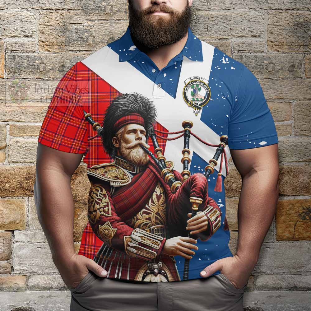 Tartan Vibes Clothing Burnett Tartan Polo Shirt with Family Crest Scottish Bagpiper Vibes