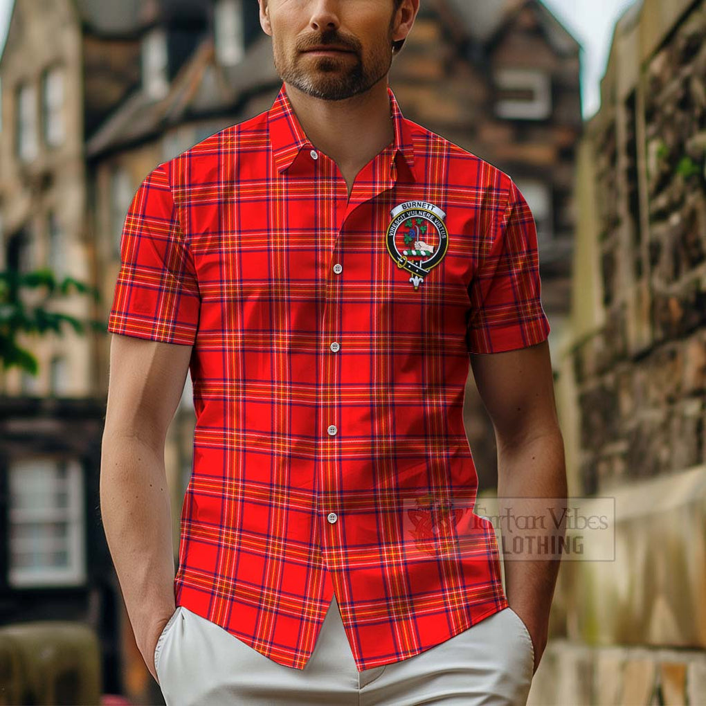 Tartan Vibes Clothing Burnett Tartan Short Sleeve Button Shirt with Family Crest and Bearded Skull Holding Bottles of Whiskey