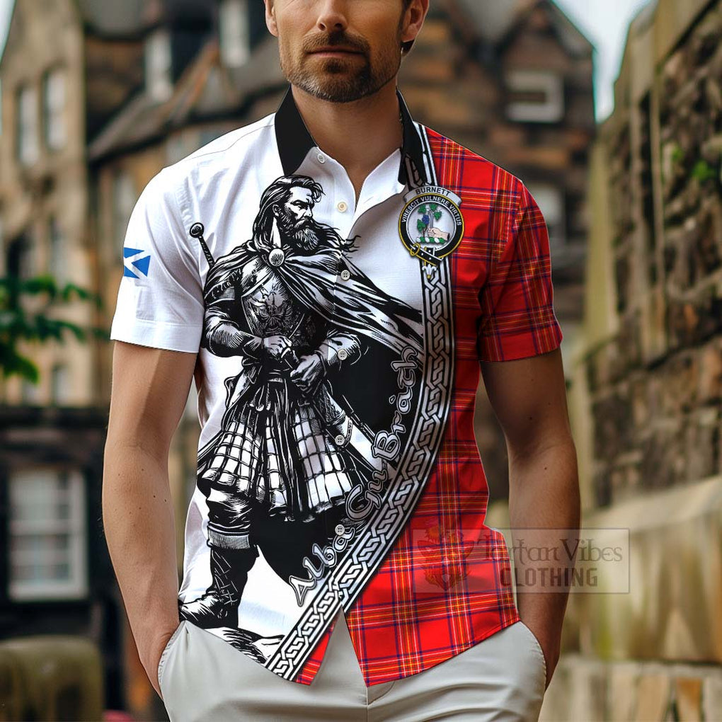 Tartan Vibes Clothing Burnett Tartan Clan Crest Short Sleeve Button Shirt with Highlander Warrior Celtic Style