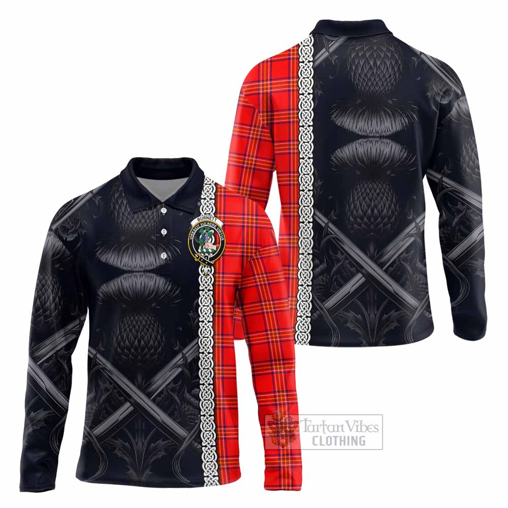 Burnett Tartan Long Sleeve Polo Shirt with Family Crest Cross Sword Thistle Celtic Vibes - Tartan Vibes Clothing
