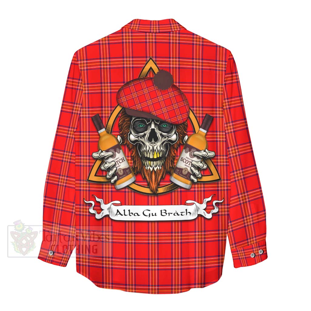 Tartan Vibes Clothing Burnett Tartan Women's Casual Shirt with Family Crest and Bearded Skull Holding Bottles of Whiskey