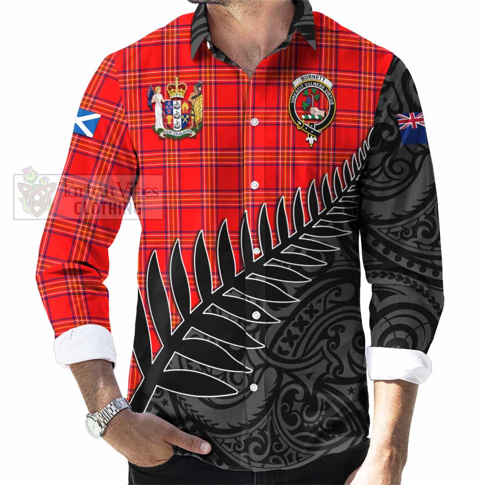 Tartan Vibes Clothing Burnett Crest Tartan Long Sleeve Button Shirt with New Zealand Silver Fern Half Style