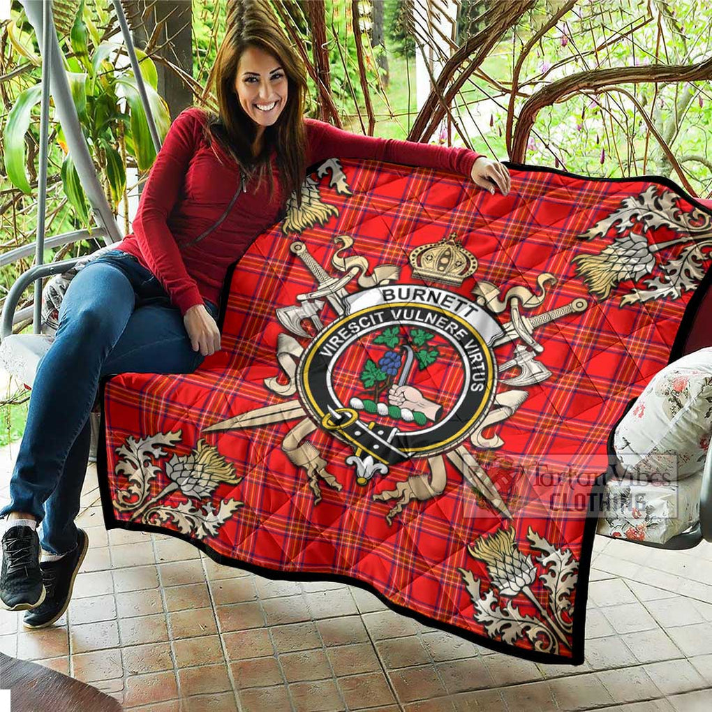 Tartan Vibes Clothing Burnett Tartan Quilt with Family Crest and Scottish Golden Courage Shield