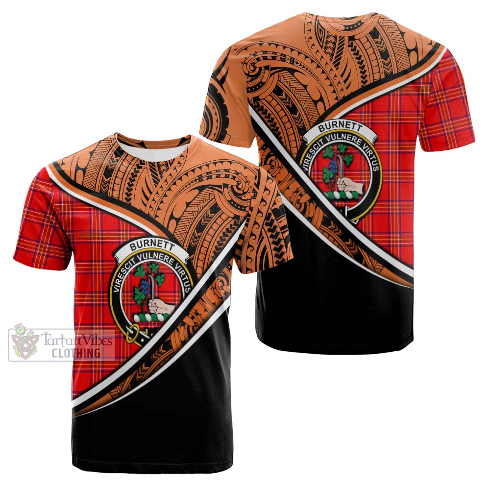 Tartan Vibes Clothing Burnett Crest Tartan Cotton T-shirt with Maori Tattoo Style - Orange Version