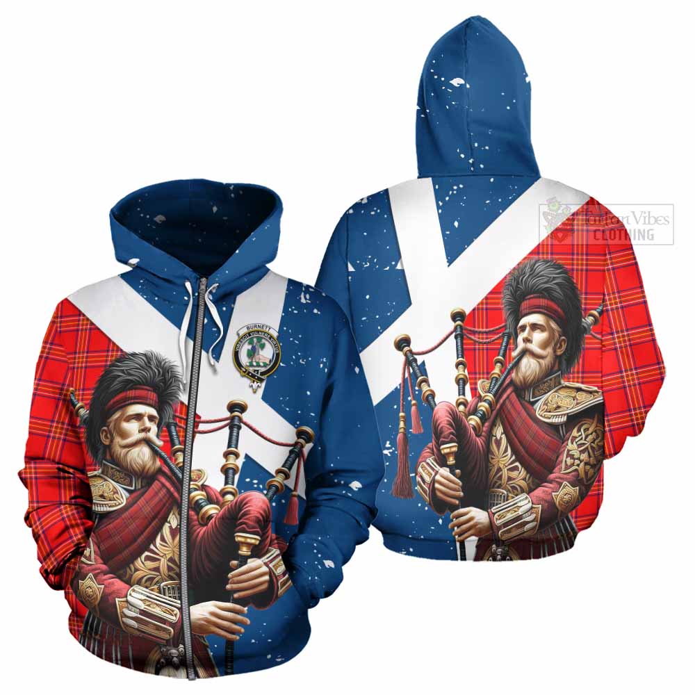 Tartan Vibes Clothing Burnett Tartan Hoodie with Family Crest Scottish Bagpiper Vibes