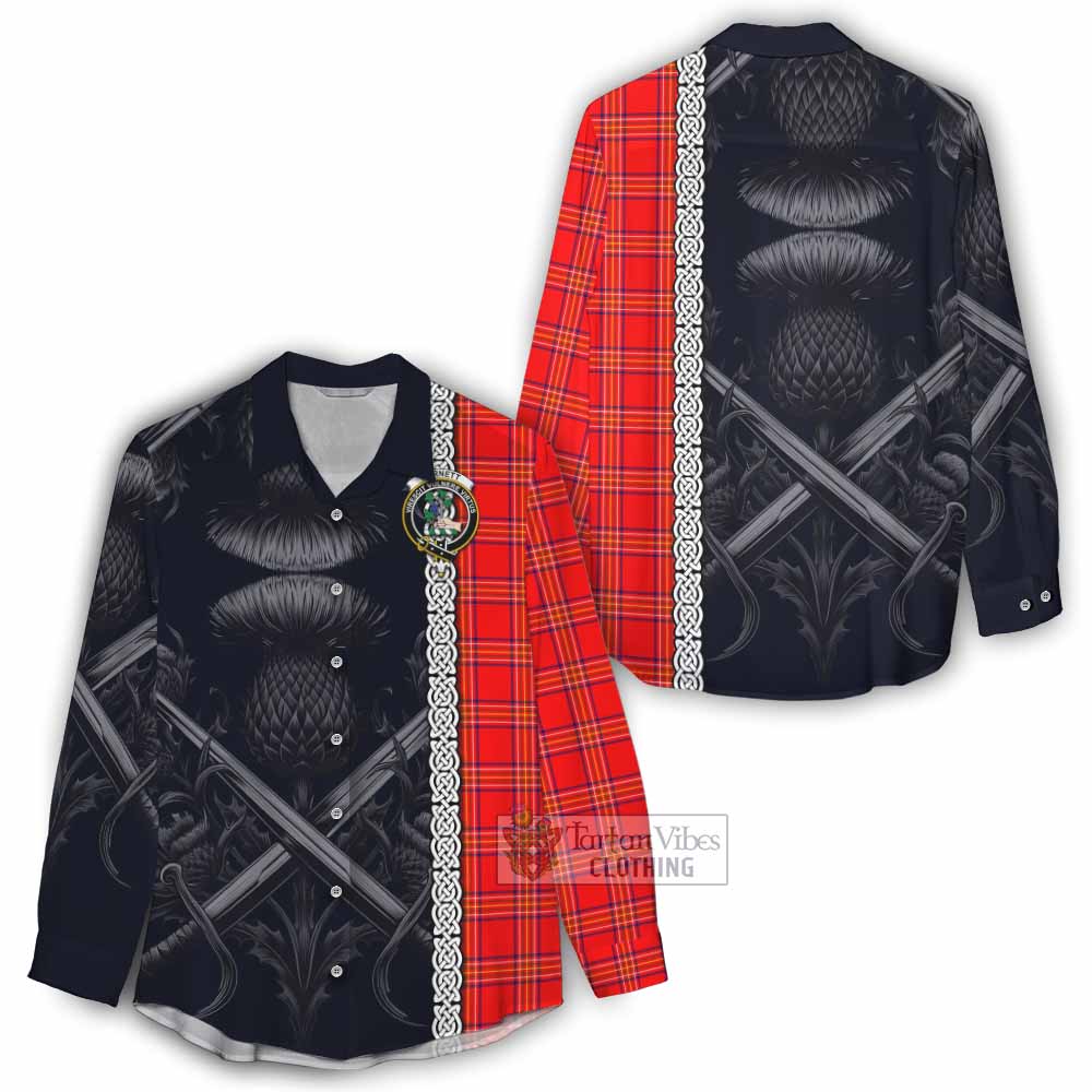 Tartan Vibes Clothing Burnett Tartan Women's Casual Shirt with Family Crest Cross Sword Thistle Celtic Vibes