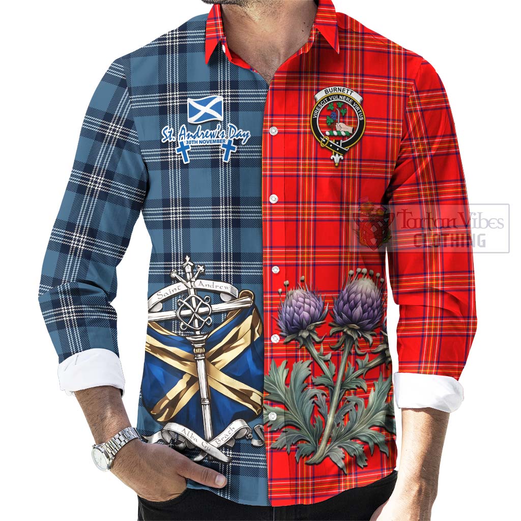 Tartan Vibes Clothing Burnett Tartan Long Sleeve Button Shirt Happy St. Andrew's Day Half Tartan Style