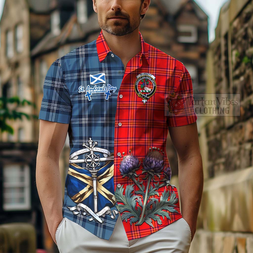 Tartan Vibes Clothing Burnett Tartan Short Sleeve Button Shirt Happy St. Andrew's Day Half Tartan Style