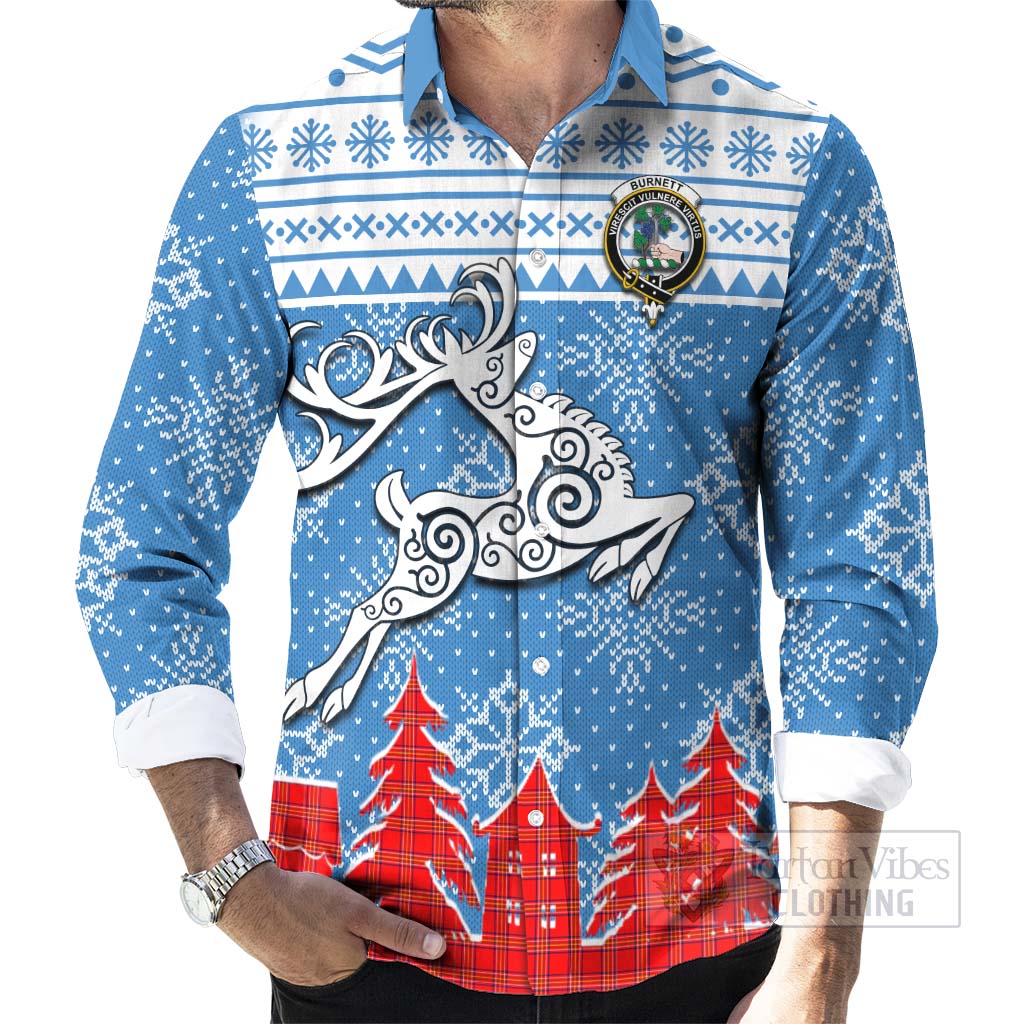 Tartan Vibes Clothing Burnett Clan Christmas Long Sleeve Button Shirt Celtic Reindeer Style