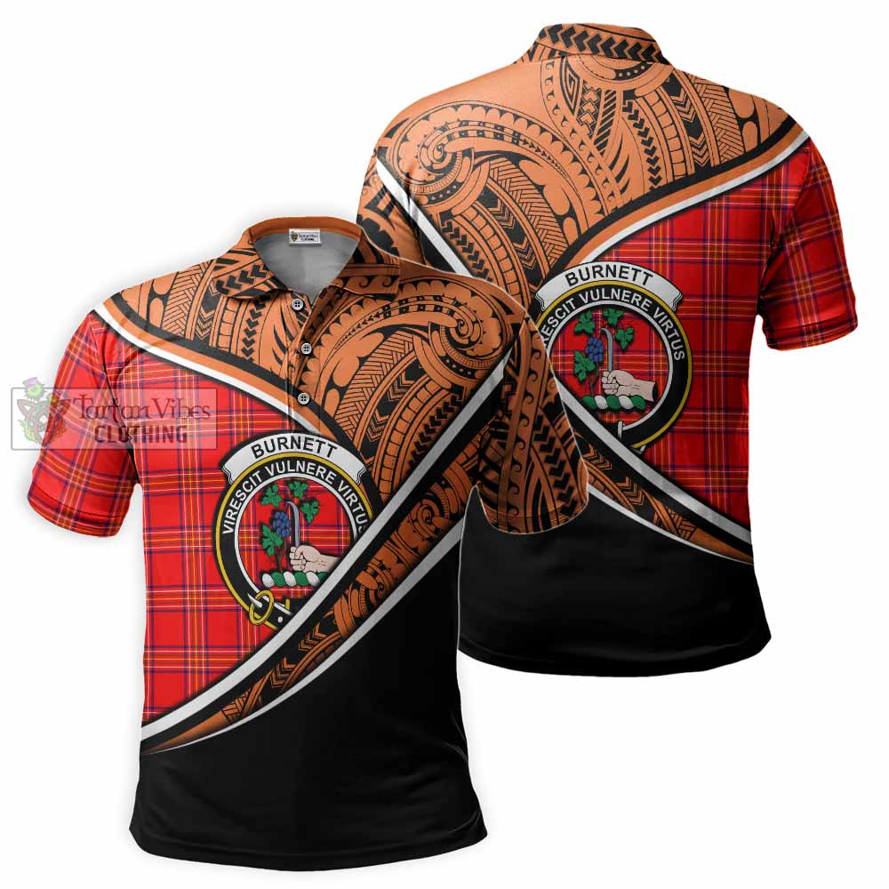 Tartan Vibes Clothing Burnett Crest Tartan Polo Shirt with Maori Tattoo Style - Orange Version