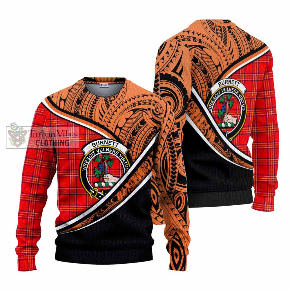 Tartan Vibes Clothing Burnett Crest Tartan Knitted Sweater with Maori Tattoo Style - Orange Version