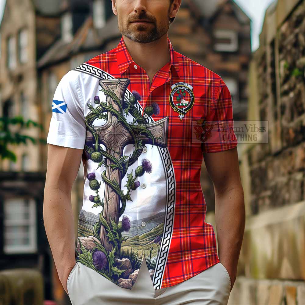 Tartan Vibes Clothing Burnett Tartan Short Sleeve Button Shirt with Family Crest and St. Andrew's Cross Accented by Thistle Vines