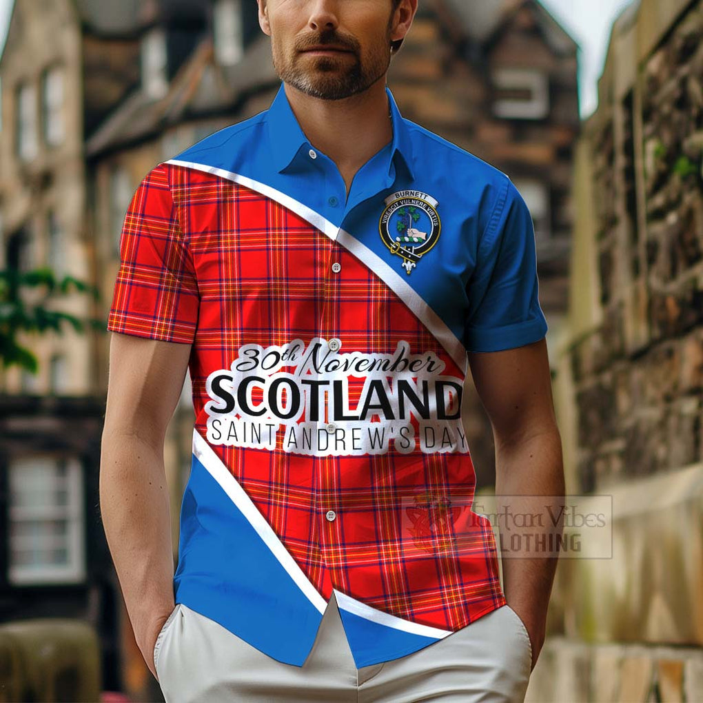 Tartan Vibes Clothing Burnett Family Crest Tartan Short Sleeve Button Shirt Celebrate Saint Andrew's Day in Style