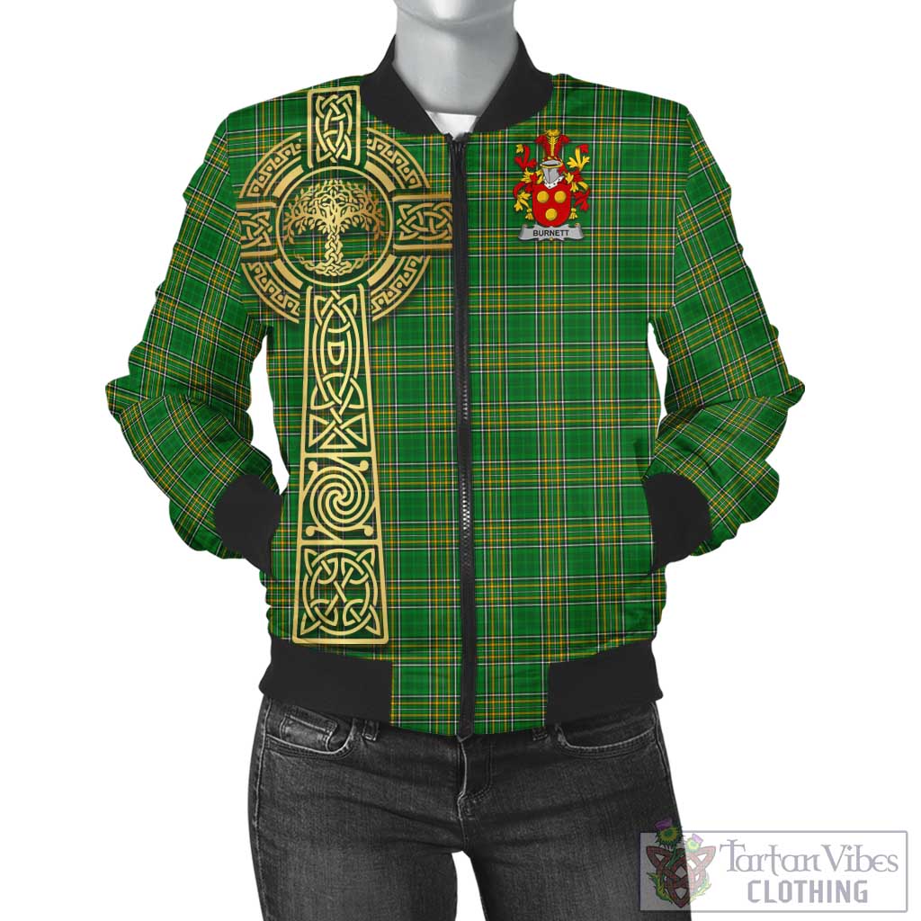 Tartan Vibes Clothing Burnett Irish Clan Tartan Bomber Jacket with Coat of Arms Celtic Tree of Life Style