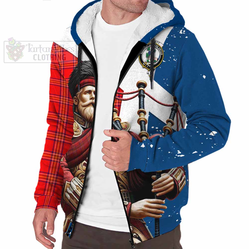 Tartan Vibes Clothing Burnett Tartan Sherpa Hoodie with Family Crest Scottish Bagpiper Vibes