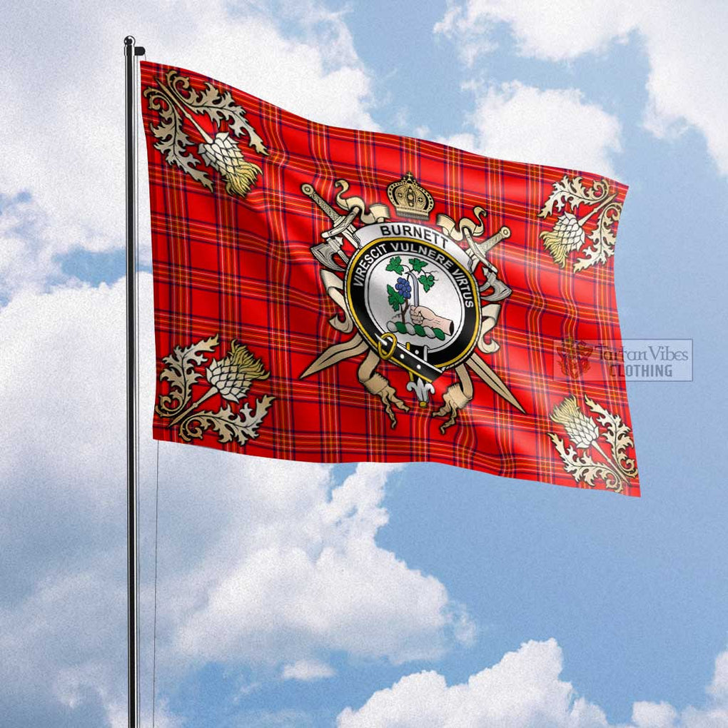 Tartan Vibes Clothing Burnett Tartan Flag with Family Crest and Golden Thistle Crossed Sword Design