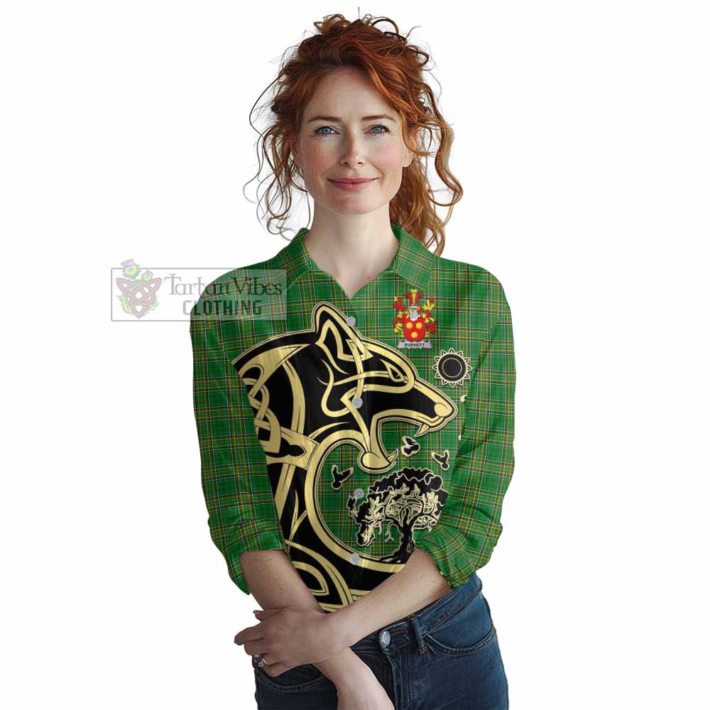 Burnett Irish Tartan Women's Casual Shirt with Coat of Arms Celtic Wolf Style - Tartan Vibes Clothing
