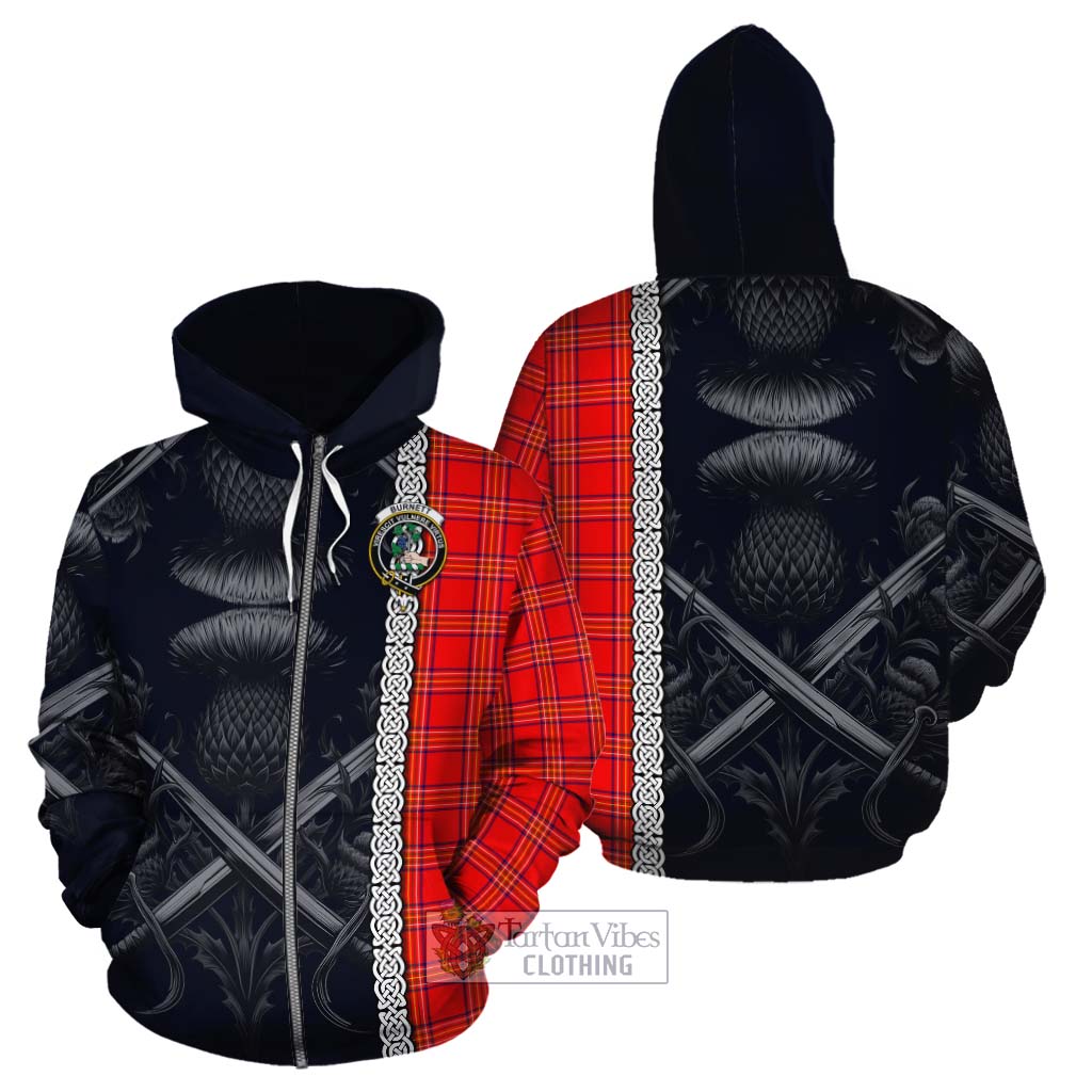 Tartan Vibes Clothing Burnett Tartan Cotton Hoodie with Family Crest Cross Sword Thistle Celtic Vibes