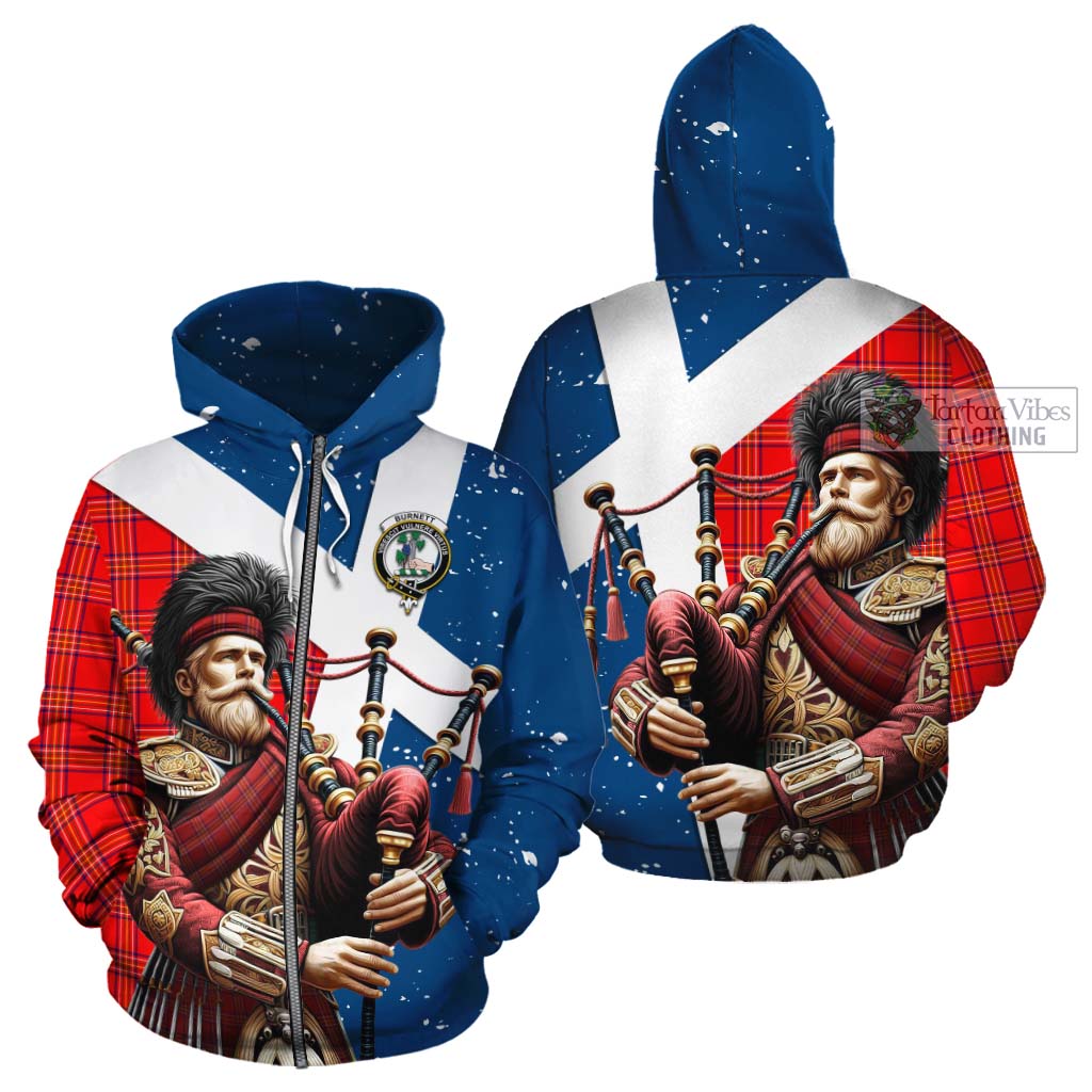 Tartan Vibes Clothing Burnett Tartan Cotton Hoodie with Family Crest Scottish Bagpiper Vibes