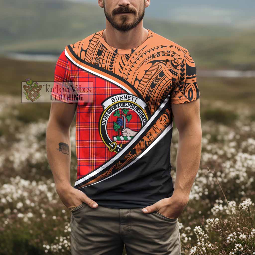 Tartan Vibes Clothing Burnett Crest Tartan T-Shirt with Maori Tattoo Style - Orange Version