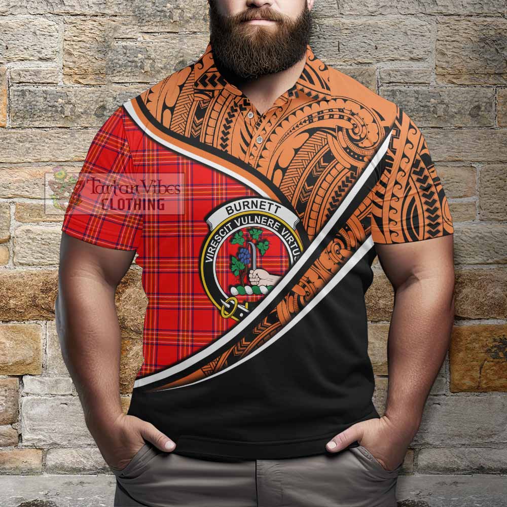 Tartan Vibes Clothing Burnett Crest Tartan Polo Shirt with Maori Tattoo Style - Orange Version