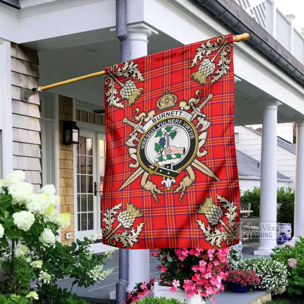 Tartan Vibes Clothing Burnett Tartan Flag with Family Crest and Golden Thistle Crossed Sword Design