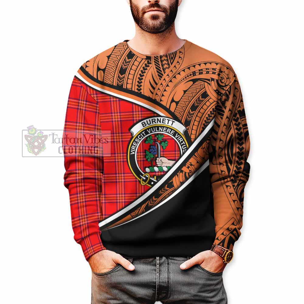 Tartan Vibes Clothing Burnett Crest Tartan Sweatshirt with Maori Tattoo Style - Orange Version