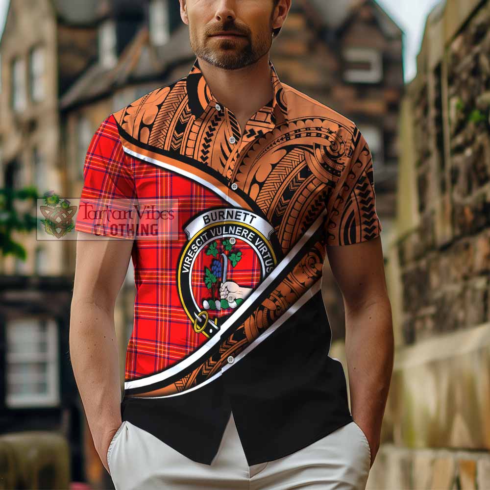 Tartan Vibes Clothing Burnett Crest Tartan Short Sleeve Button Shirt with Maori Tattoo Style - Orange Version