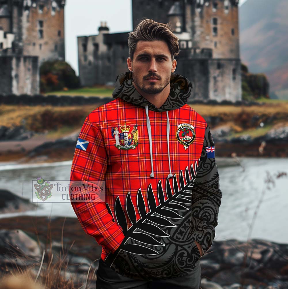 Tartan Vibes Clothing Burnett Crest Tartan Cotton Hoodie with New Zealand Silver Fern Half Style