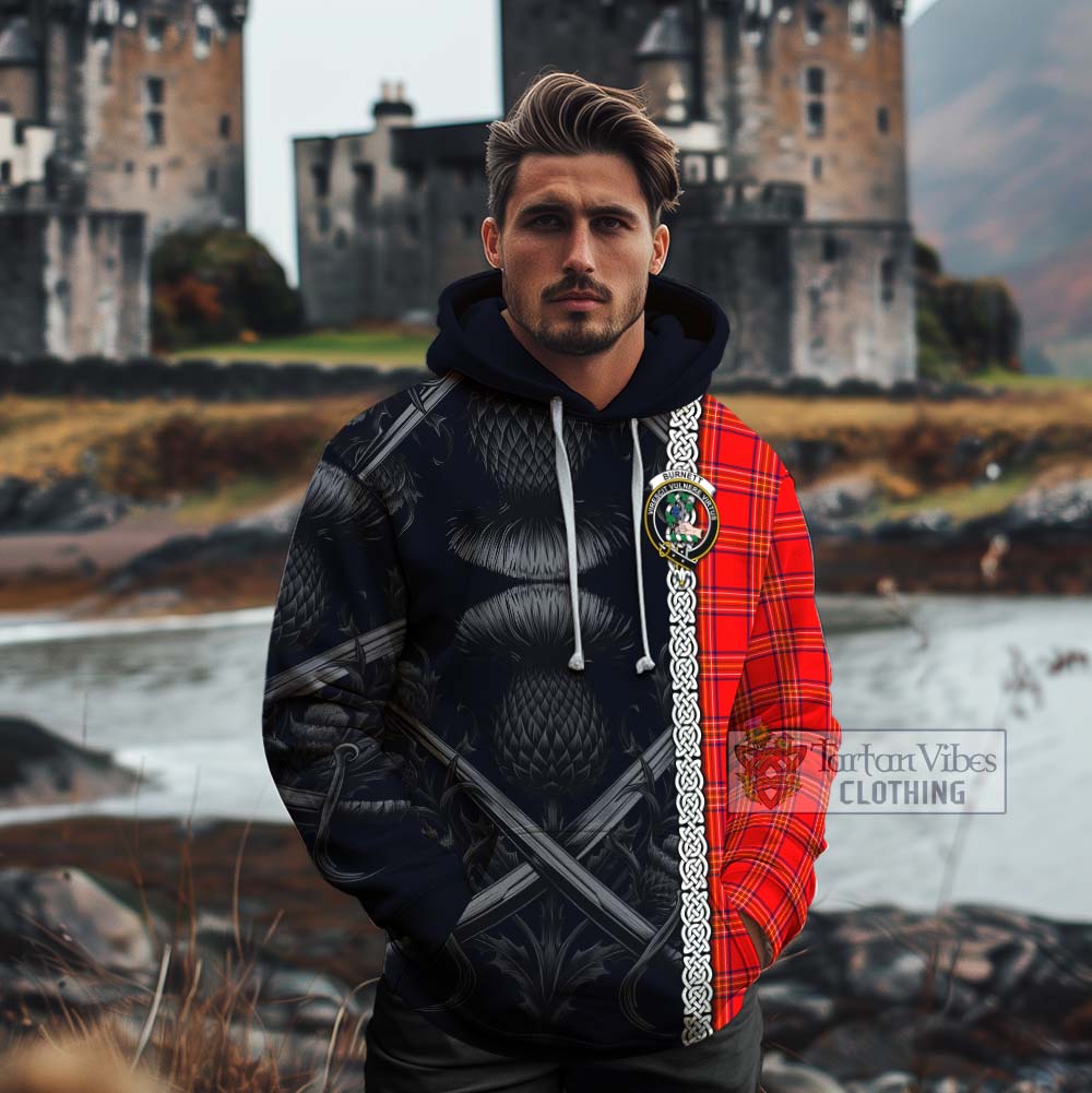 Tartan Vibes Clothing Burnett Tartan Cotton Hoodie with Family Crest Cross Sword Thistle Celtic Vibes