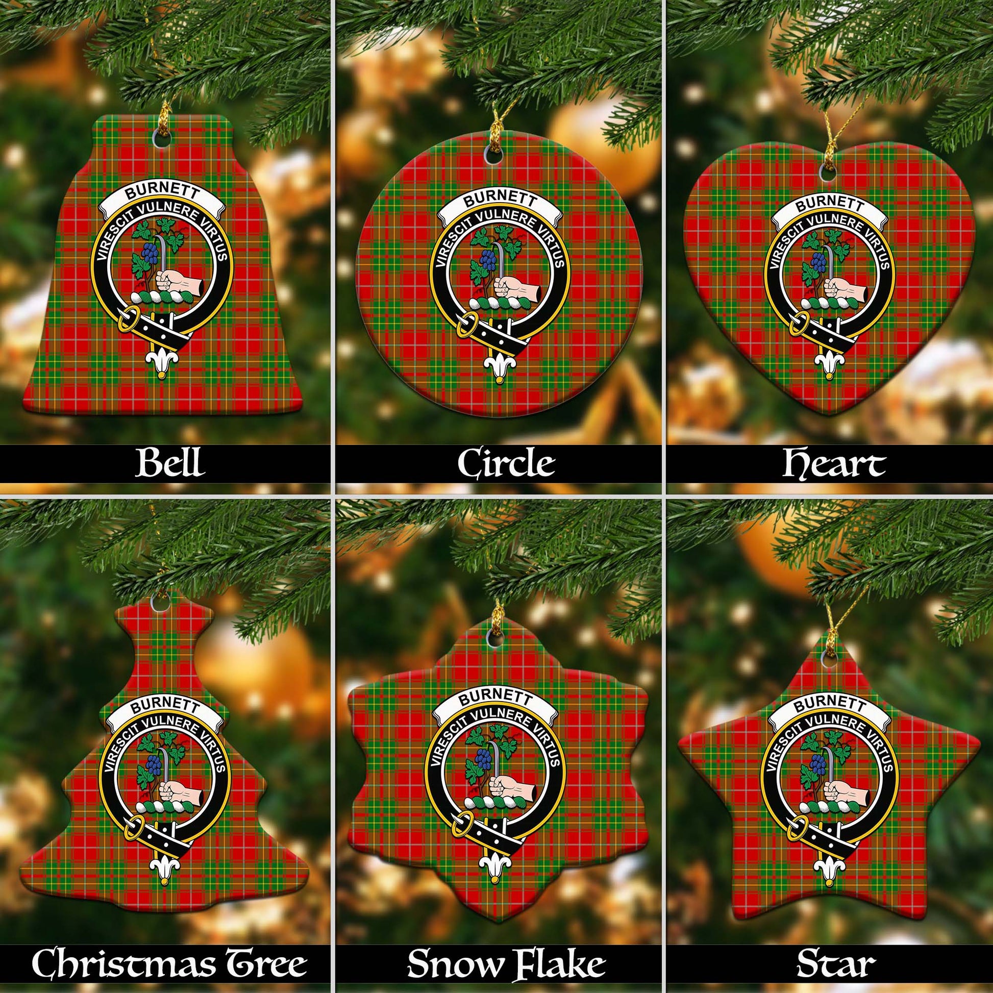 Burnett Ancient Tartan Christmas Ornaments with Family Crest Ceramic Bell Pack 1: ornament * 1 piece - Tartanvibesclothing