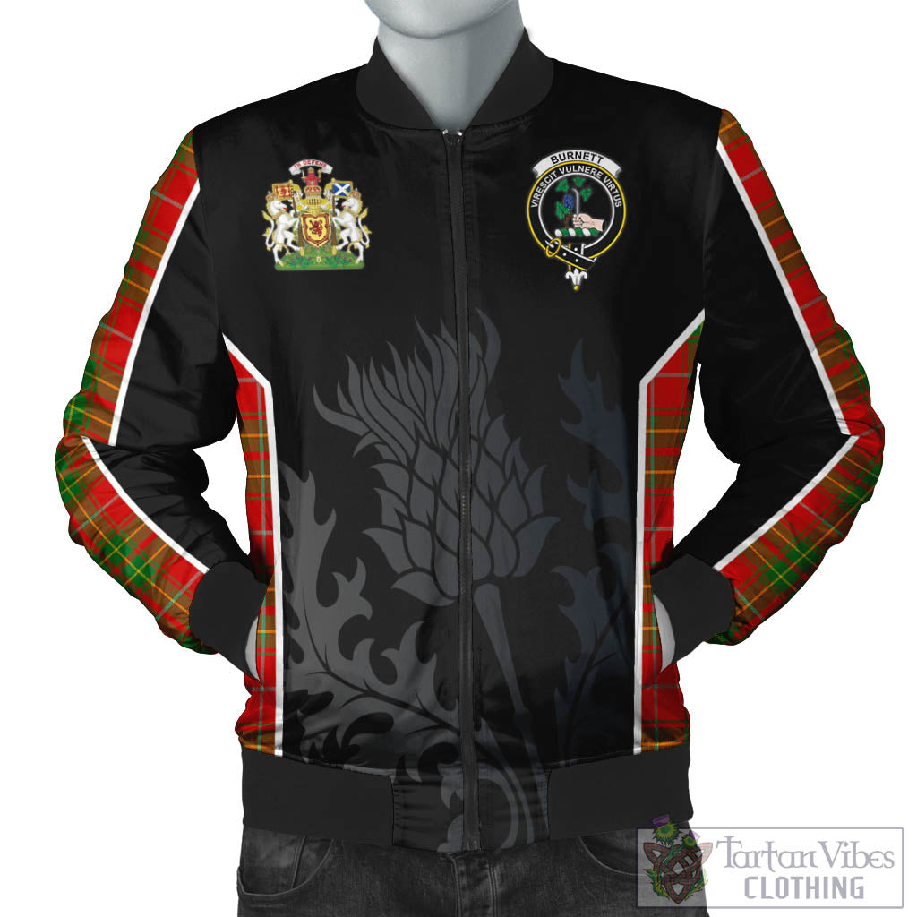 Tartan Vibes Clothing Burnett Ancient Tartan Bomber Jacket with Family Crest and Scottish Thistle Vibes Sport Style