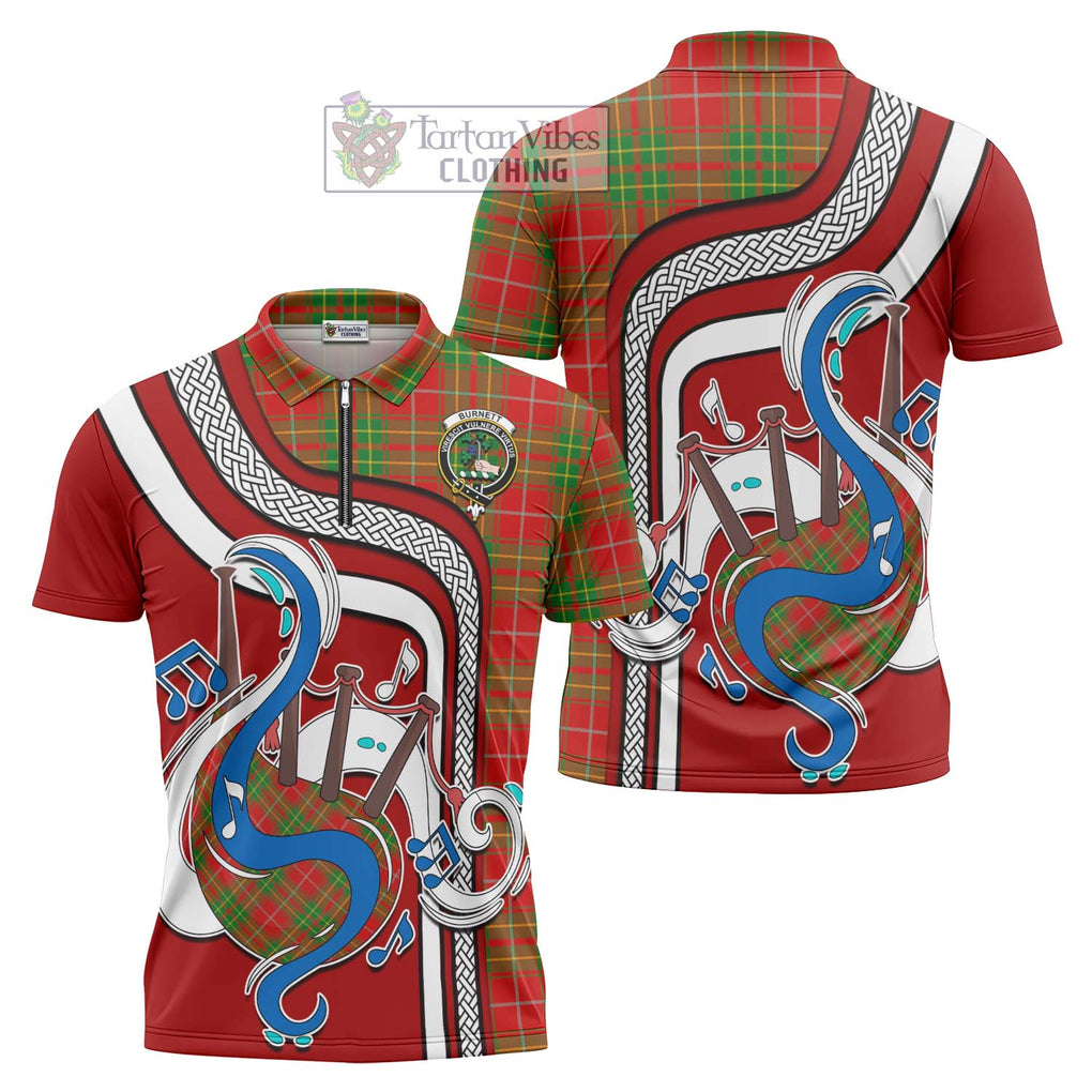 Burnett Tartan Zipper Polo Shirt with Epic Bagpipe Style Unisex - Tartanvibesclothing Shop