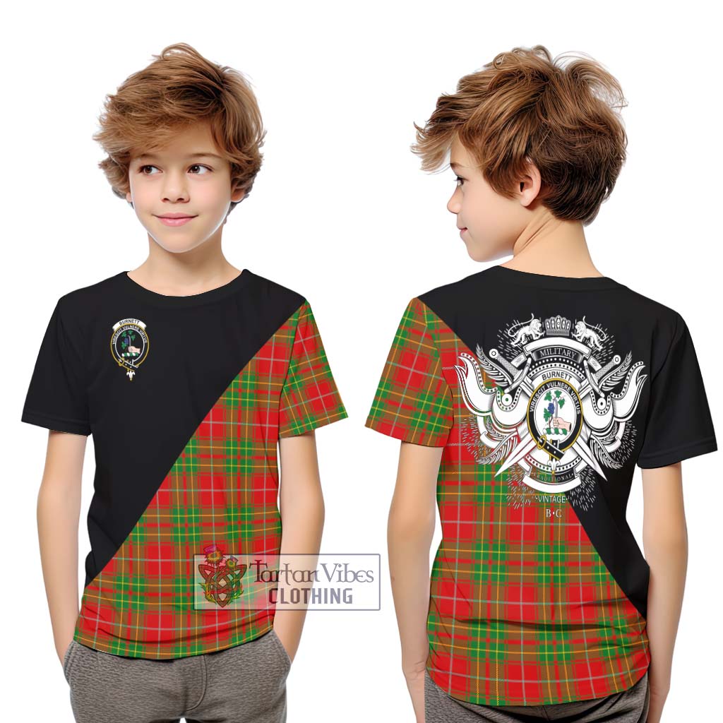 Tartan Vibes Clothing Burnett Ancient Tartan Kid T-Shirt with Family Crest and Military Logo Style