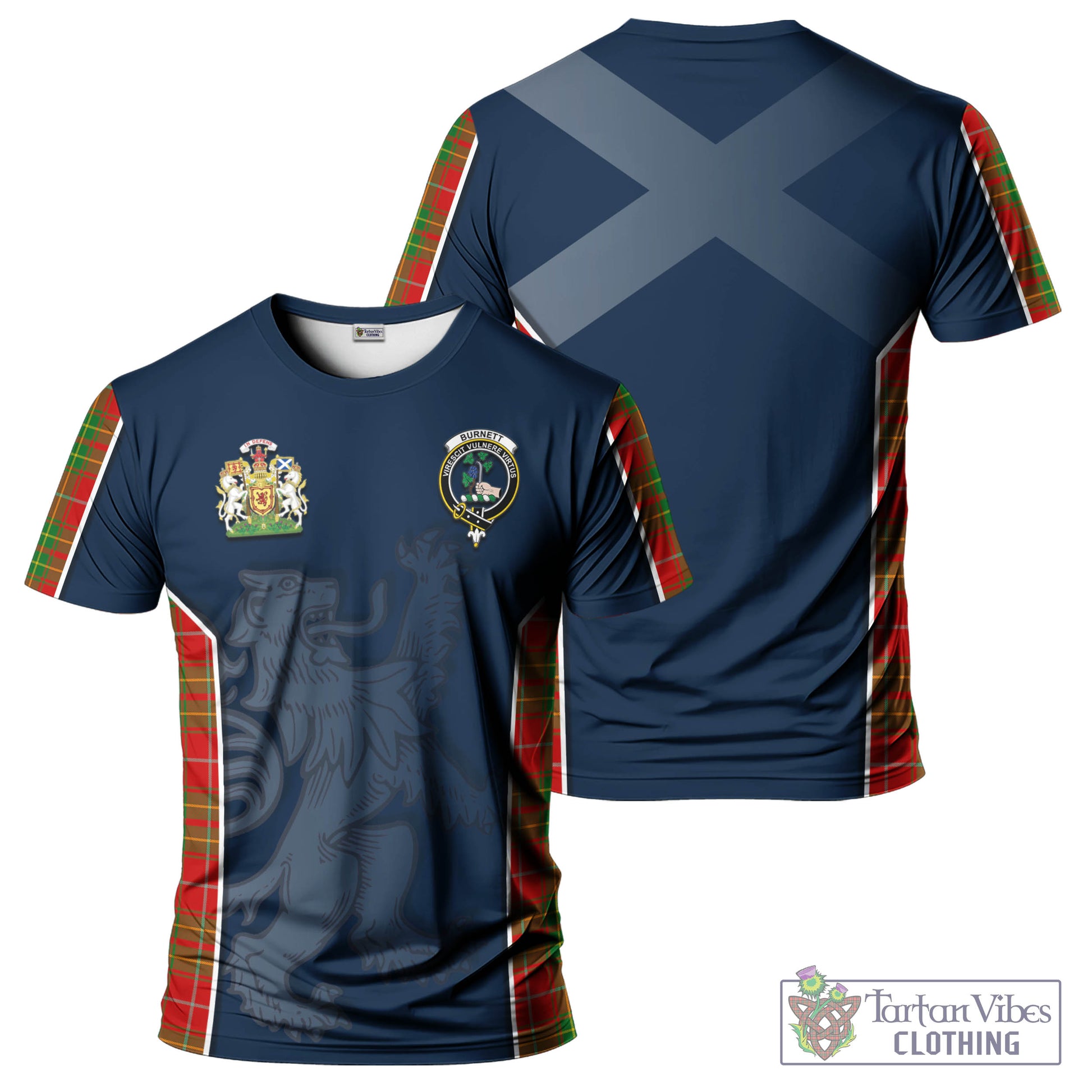 Tartan Vibes Clothing Burnett Ancient Tartan T-Shirt with Family Crest and Lion Rampant Vibes Sport Style
