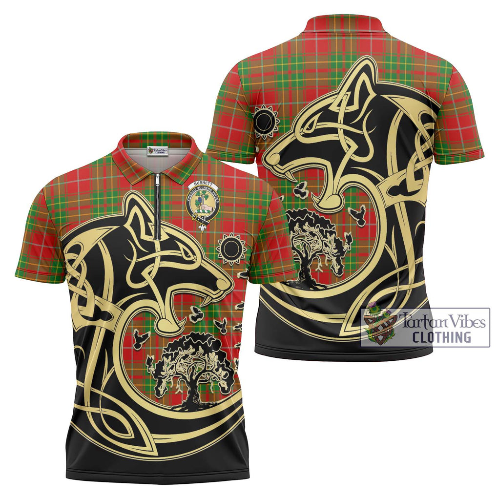 Burnett Tartan Zipper Polo Shirt with Family Crest Celtic Wolf Style Unisex - Tartanvibesclothing Shop