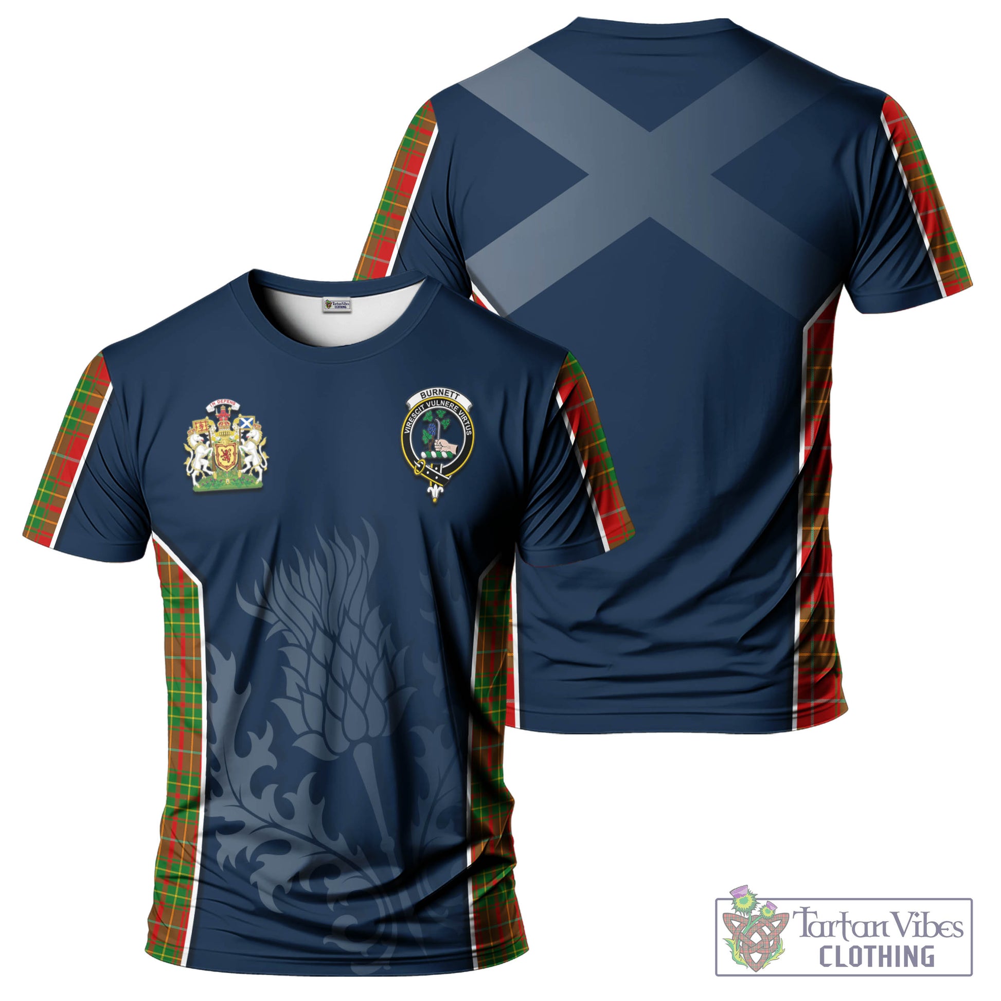 Tartan Vibes Clothing Burnett Ancient Tartan T-Shirt with Family Crest and Scottish Thistle Vibes Sport Style