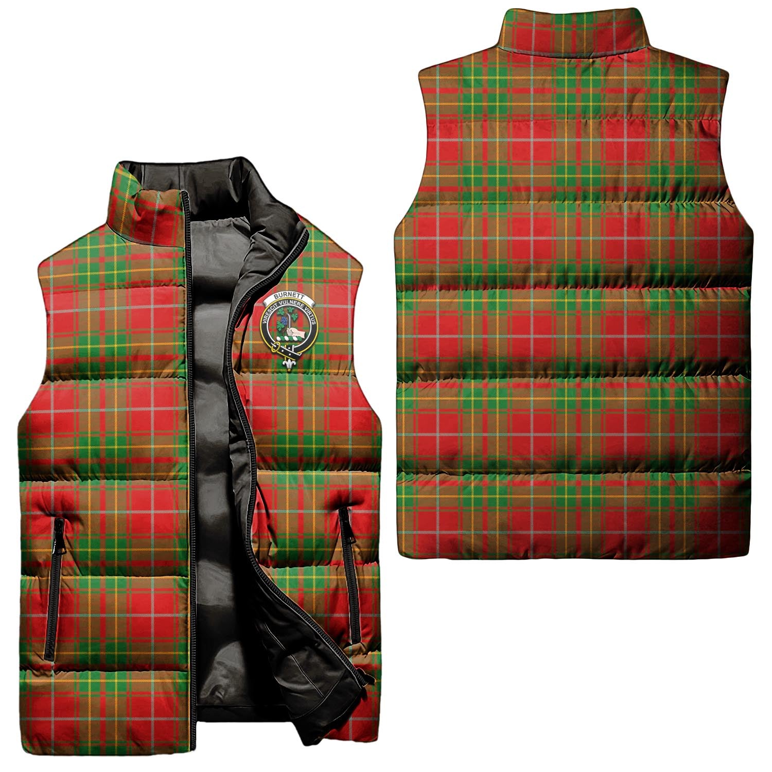 Burnett Ancient Tartan Sleeveless Puffer Jacket with Family Crest Unisex - Tartanvibesclothing