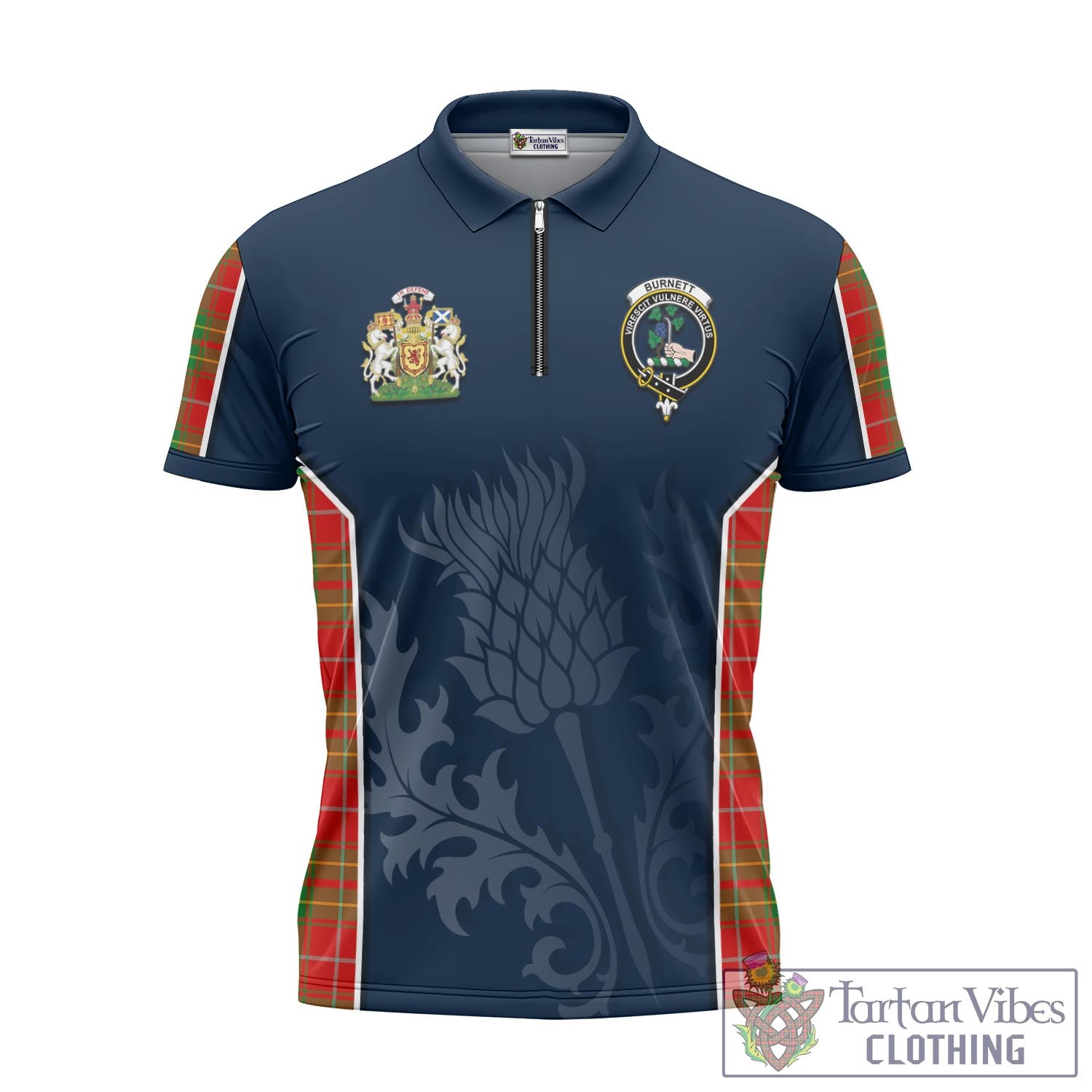 Tartan Vibes Clothing Burnett Ancient Tartan Zipper Polo Shirt with Family Crest and Scottish Thistle Vibes Sport Style