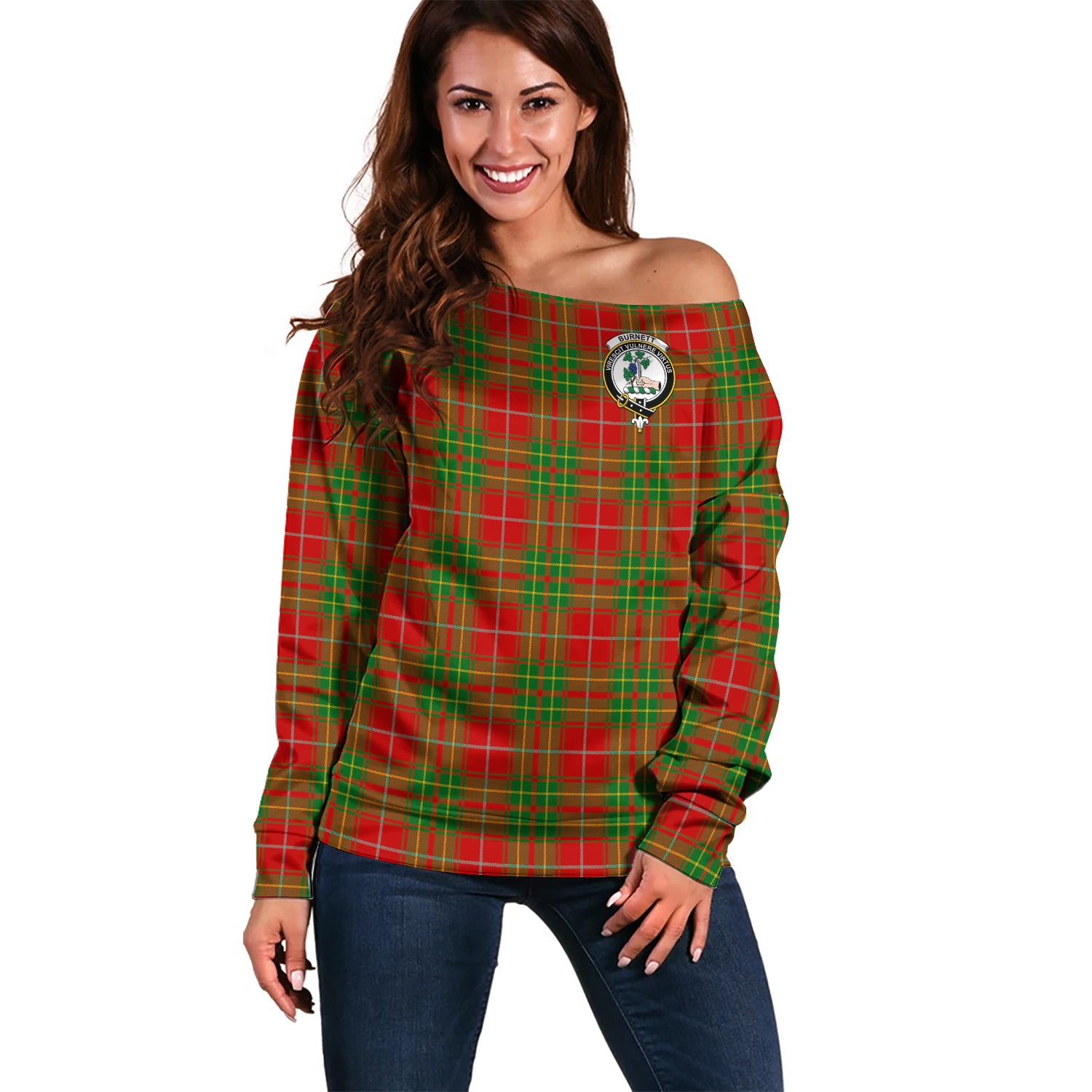 Burnett Ancient Tartan Off Shoulder Women Sweater with Family Crest Women - Tartanvibesclothing