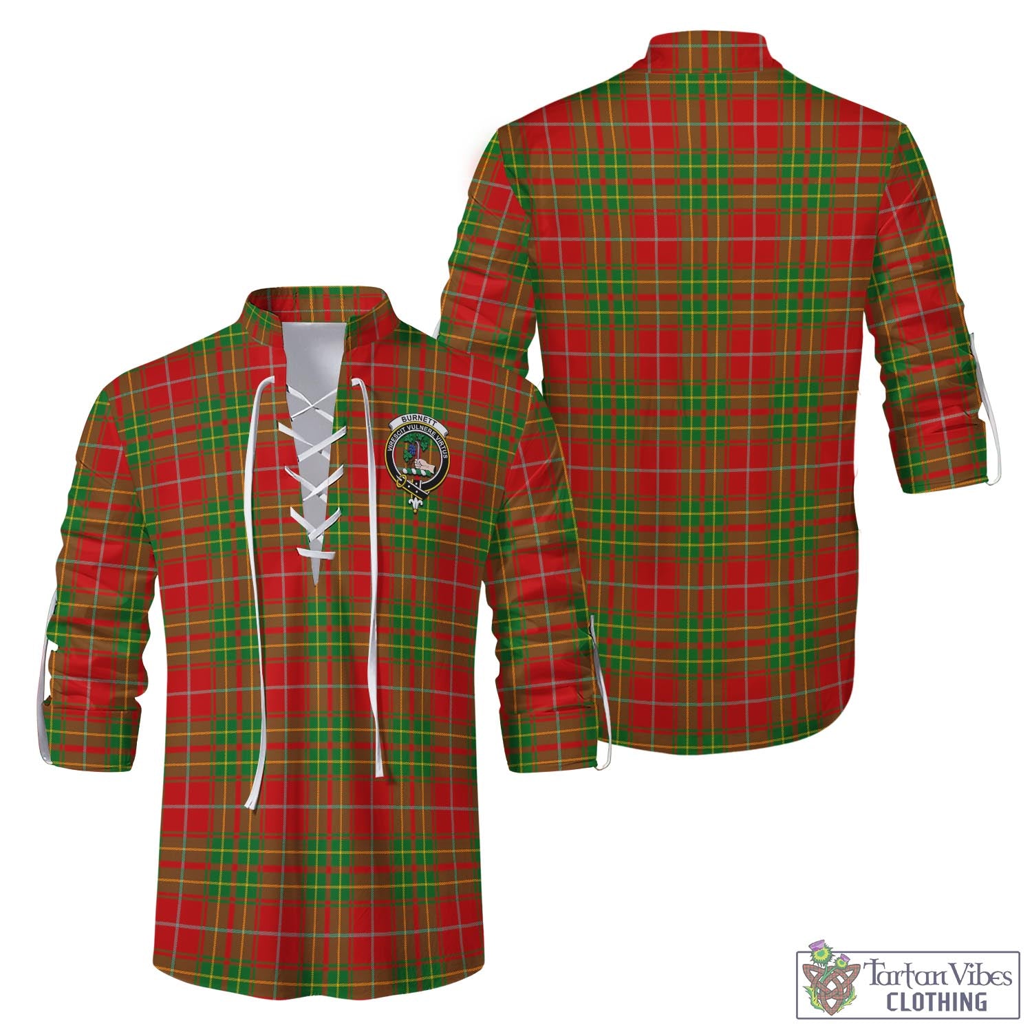 Tartan Vibes Clothing Burnett Ancient Tartan Men's Scottish Traditional Jacobite Ghillie Kilt Shirt with Family Crest