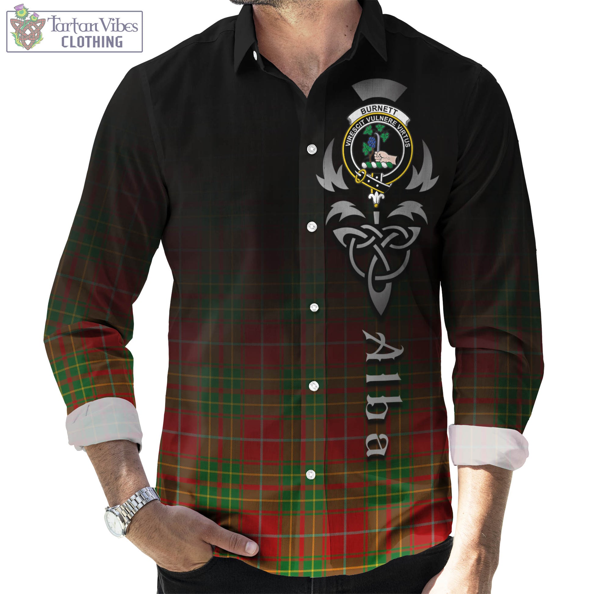 Tartan Vibes Clothing Burnett Ancient Tartan Long Sleeve Button Up Featuring Alba Gu Brath Family Crest Celtic Inspired