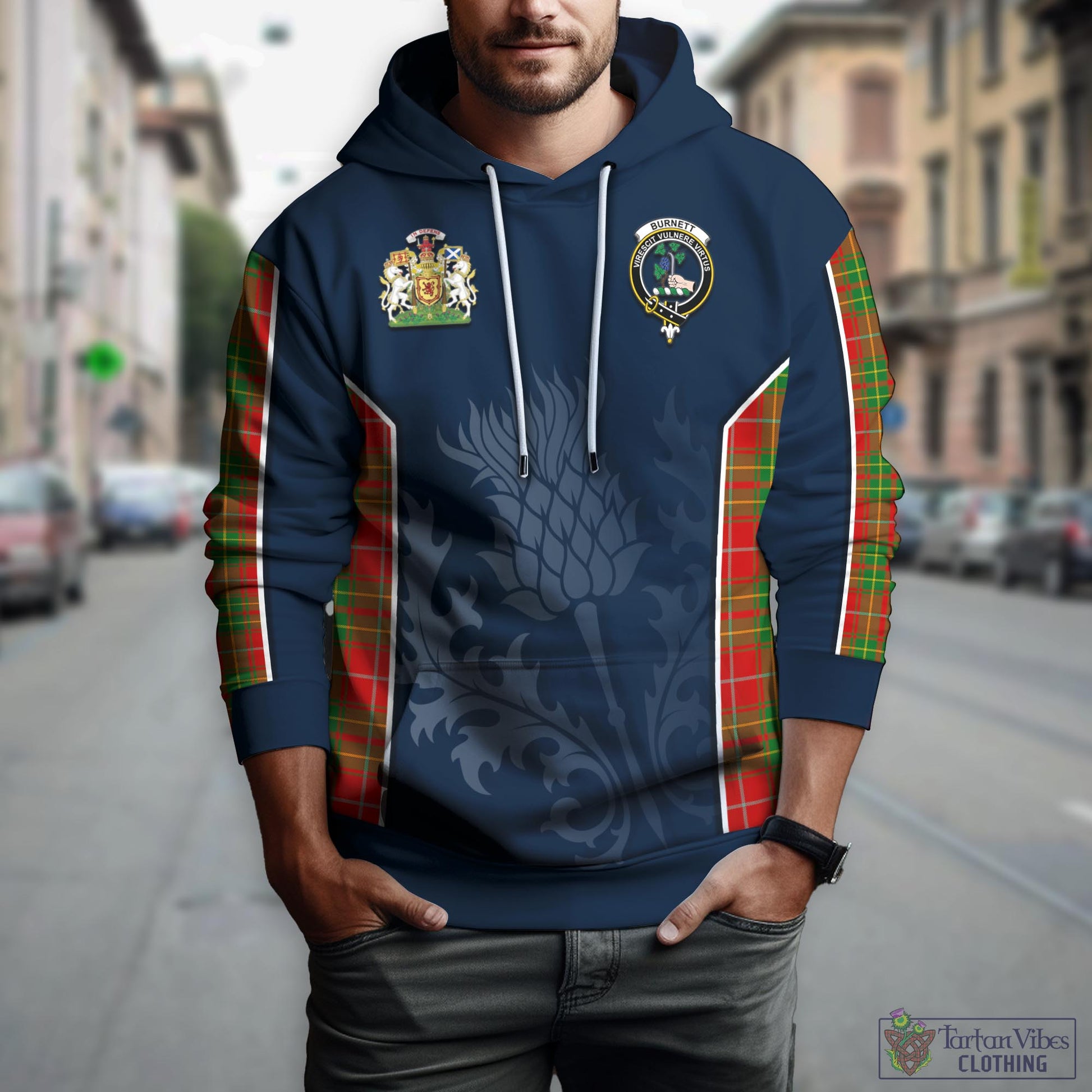 Tartan Vibes Clothing Burnett Ancient Tartan Hoodie with Family Crest and Scottish Thistle Vibes Sport Style