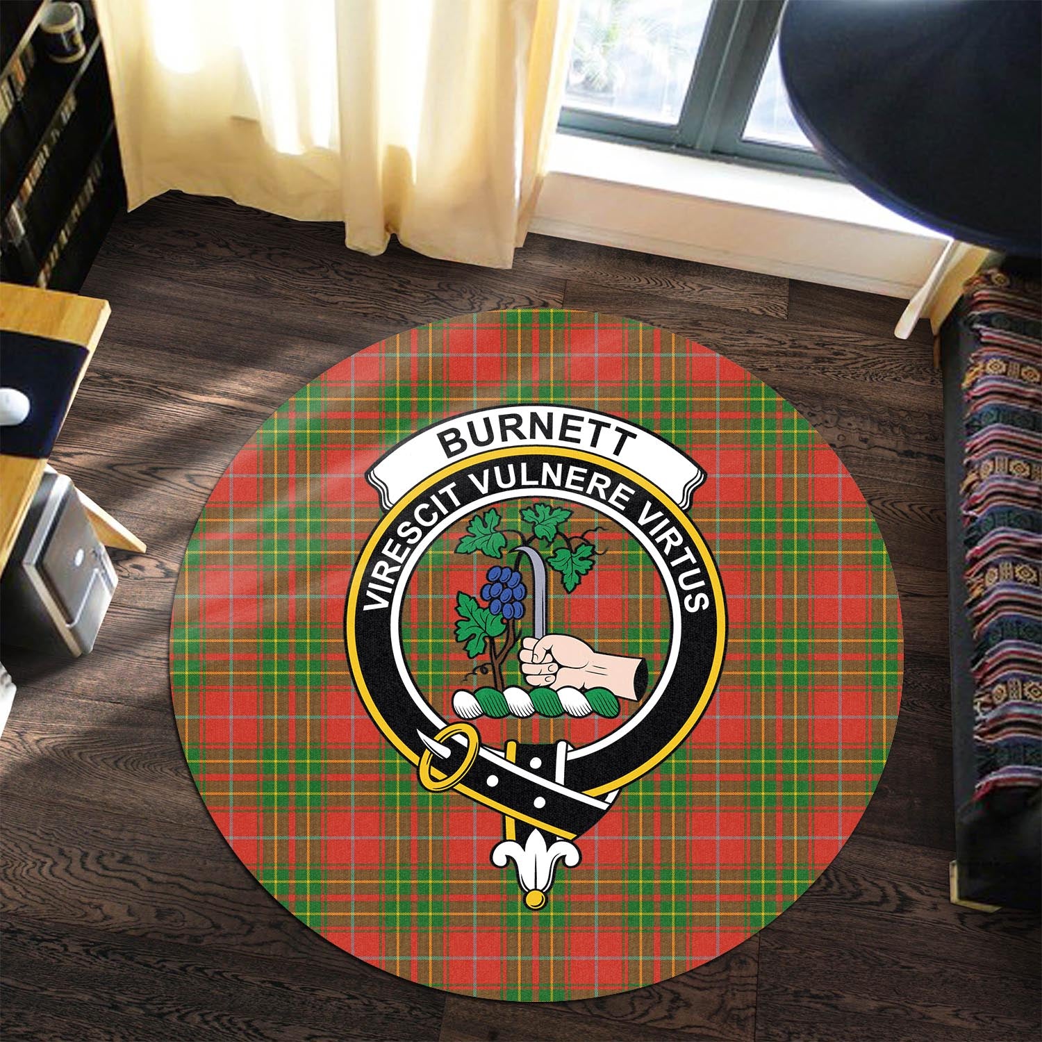 Burnett Ancient Tartan Round Rug with Family Crest - Tartanvibesclothing