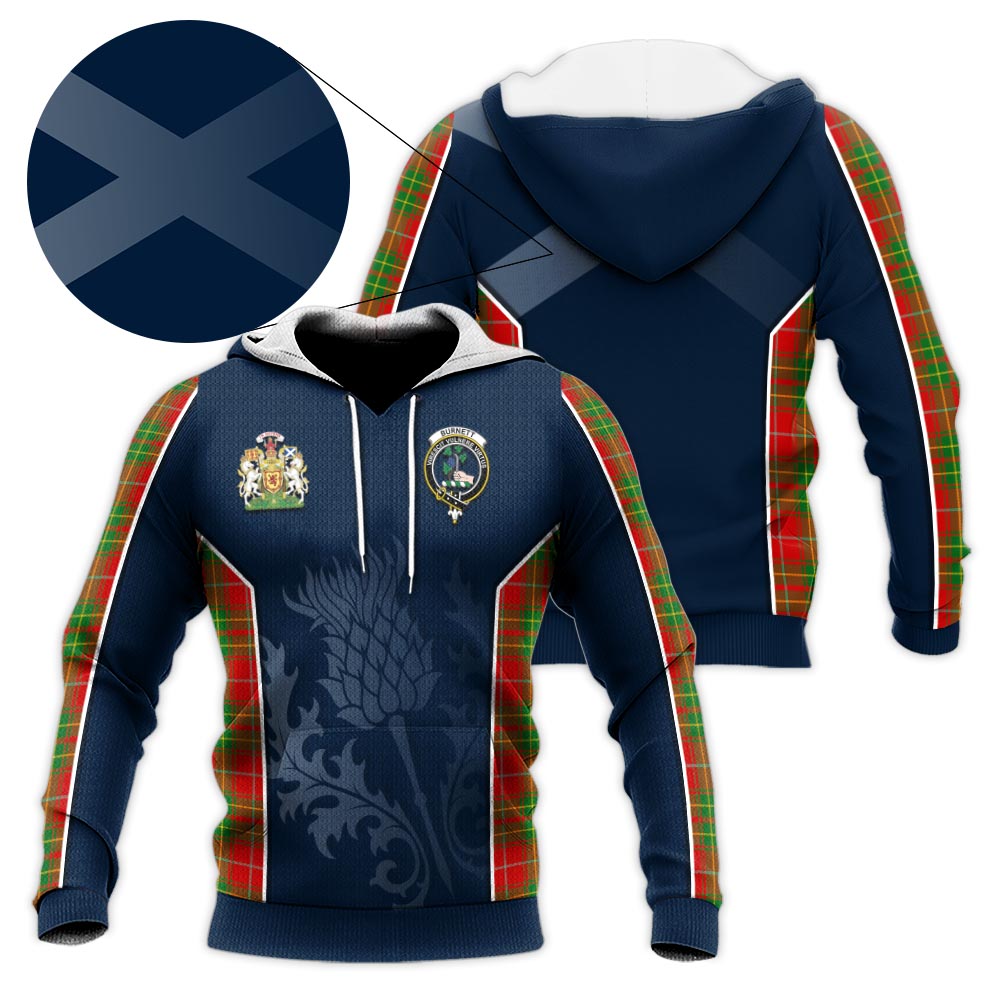 Tartan Vibes Clothing Burnett Ancient Tartan Knitted Hoodie with Family Crest and Scottish Thistle Vibes Sport Style
